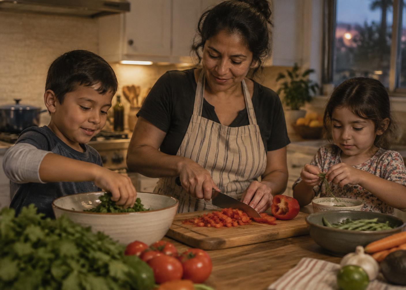 A mother preparing dinner at the kitchen counter while her two young children help chop and sort vegetables