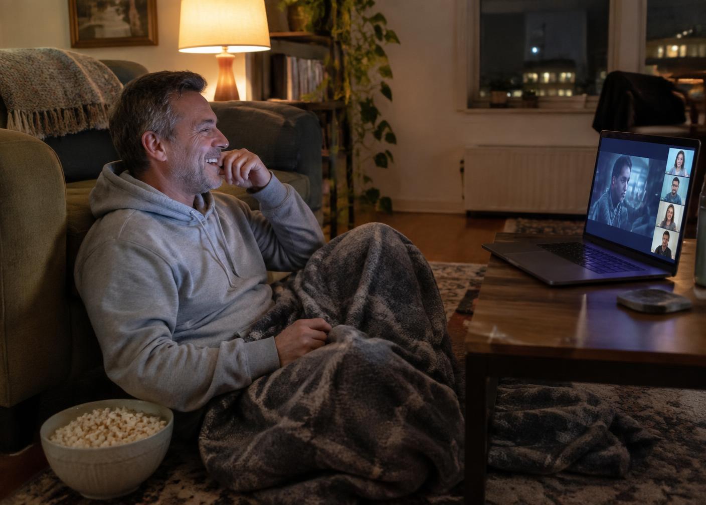 A man in a hoodie sitting on the floor with popcorn, watching a film alongside others online