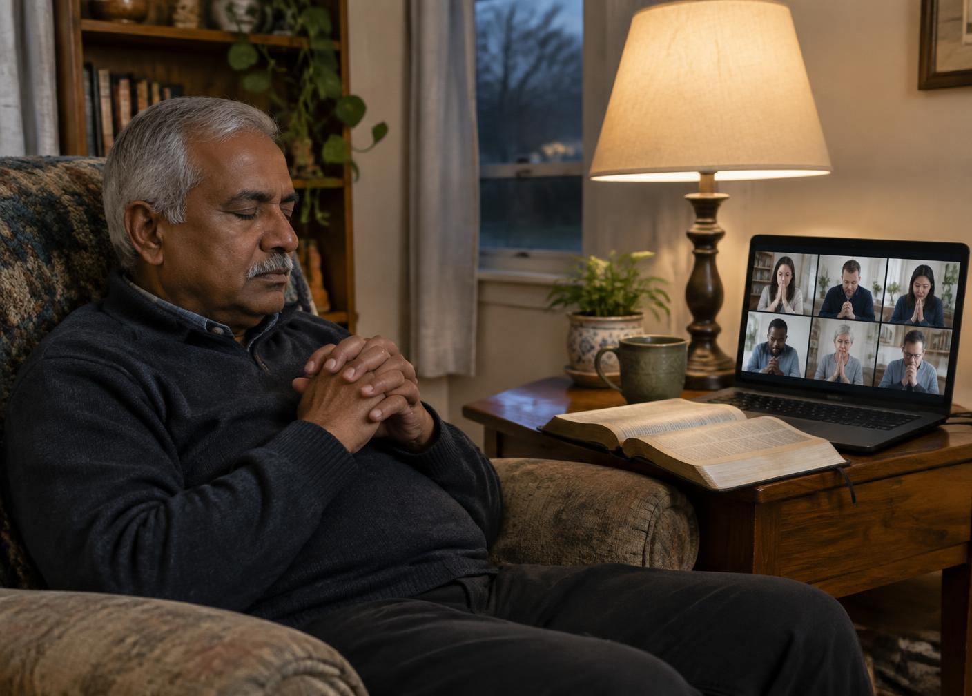 An older man praying in his armchair while others pray together on a laptop screen