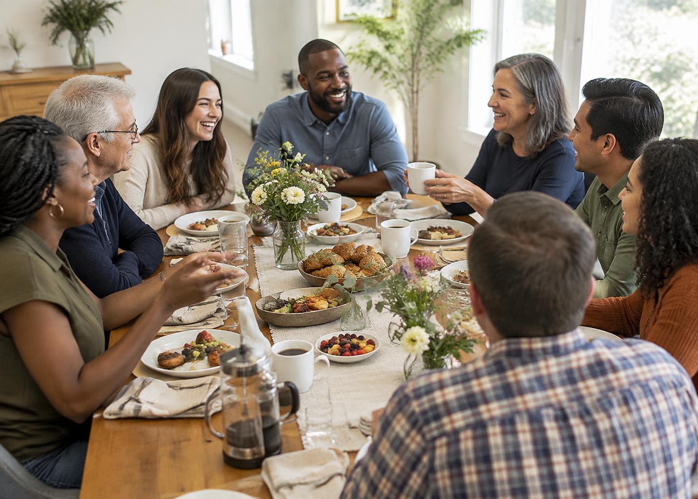 A group of people of different ages and backgrounds sharing brunch around a long table