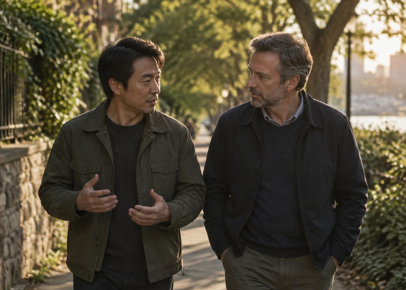 Two men in their forties walking and talking on a tree-lined path